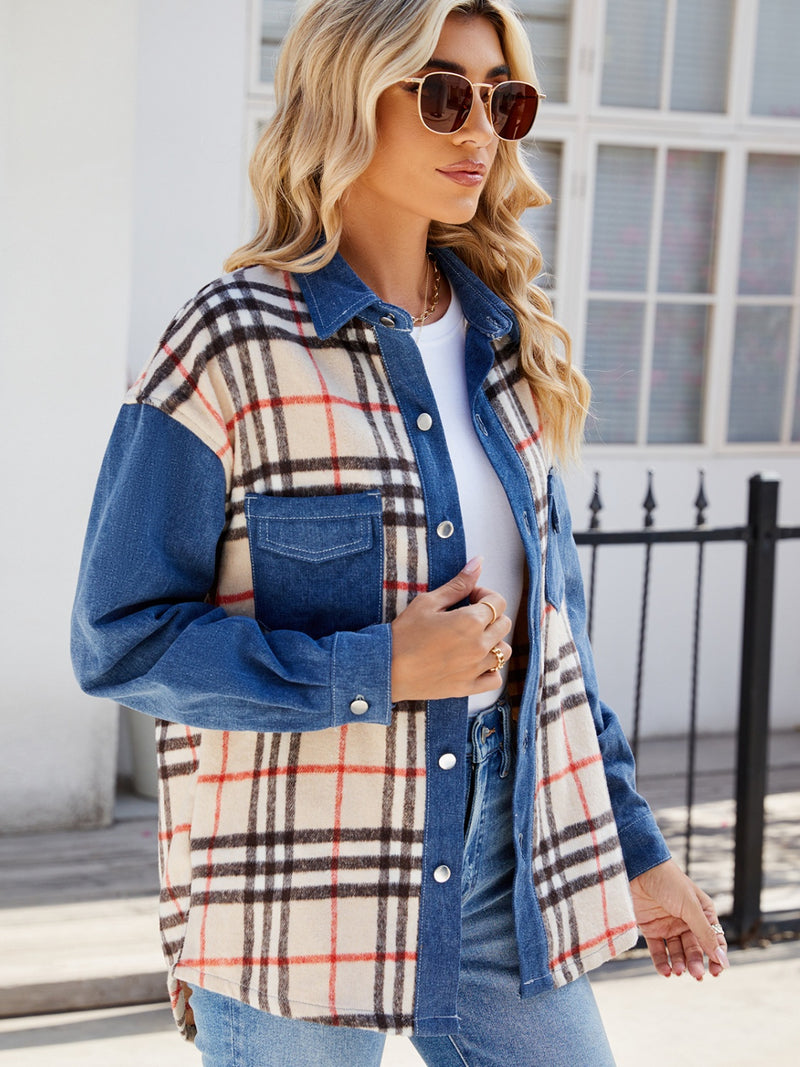 Plaid Long Sleeve Denim Jacket