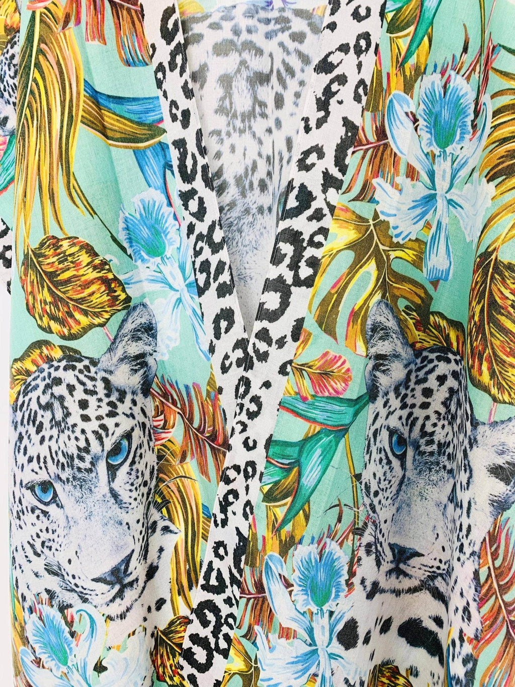 Artsy Kimono Tropical Tiger in Aqua Cardigan JC Sunny Fashion O/S