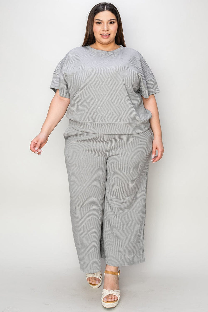 Double Take Full Size Texture Short Sleeve Top and Pants Set Top Trendsi