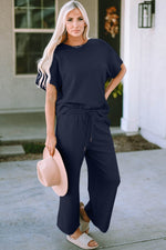 Double Take Full Size Texture Short Sleeve Top and Pants Set Top Trendsi Navy / S