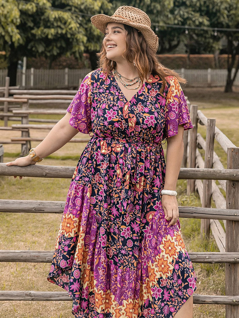 Plus Size Printed V-Neck Flutter Sleeve Midi Dress Dress Trendsi