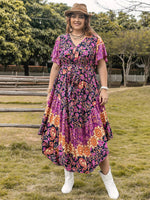 Plus Size Printed V-Neck Flutter Sleeve Midi Dress Dress Trendsi