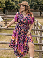 Plus Size Printed V-Neck Flutter Sleeve Midi Dress Dress Trendsi