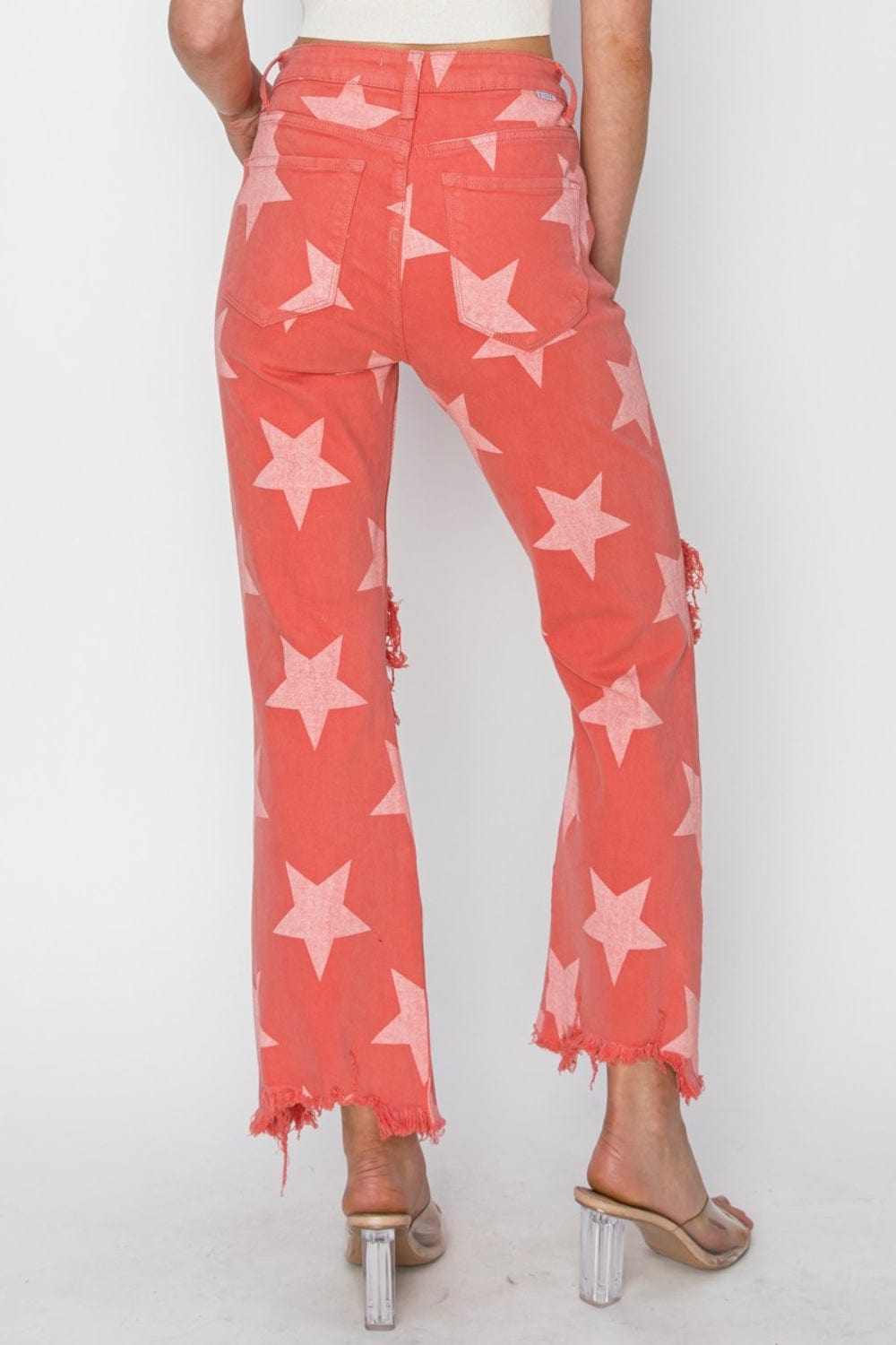 RISEN Full Size Distressed Raw Hem Star Pattern Jeans Bottoms Trendsi