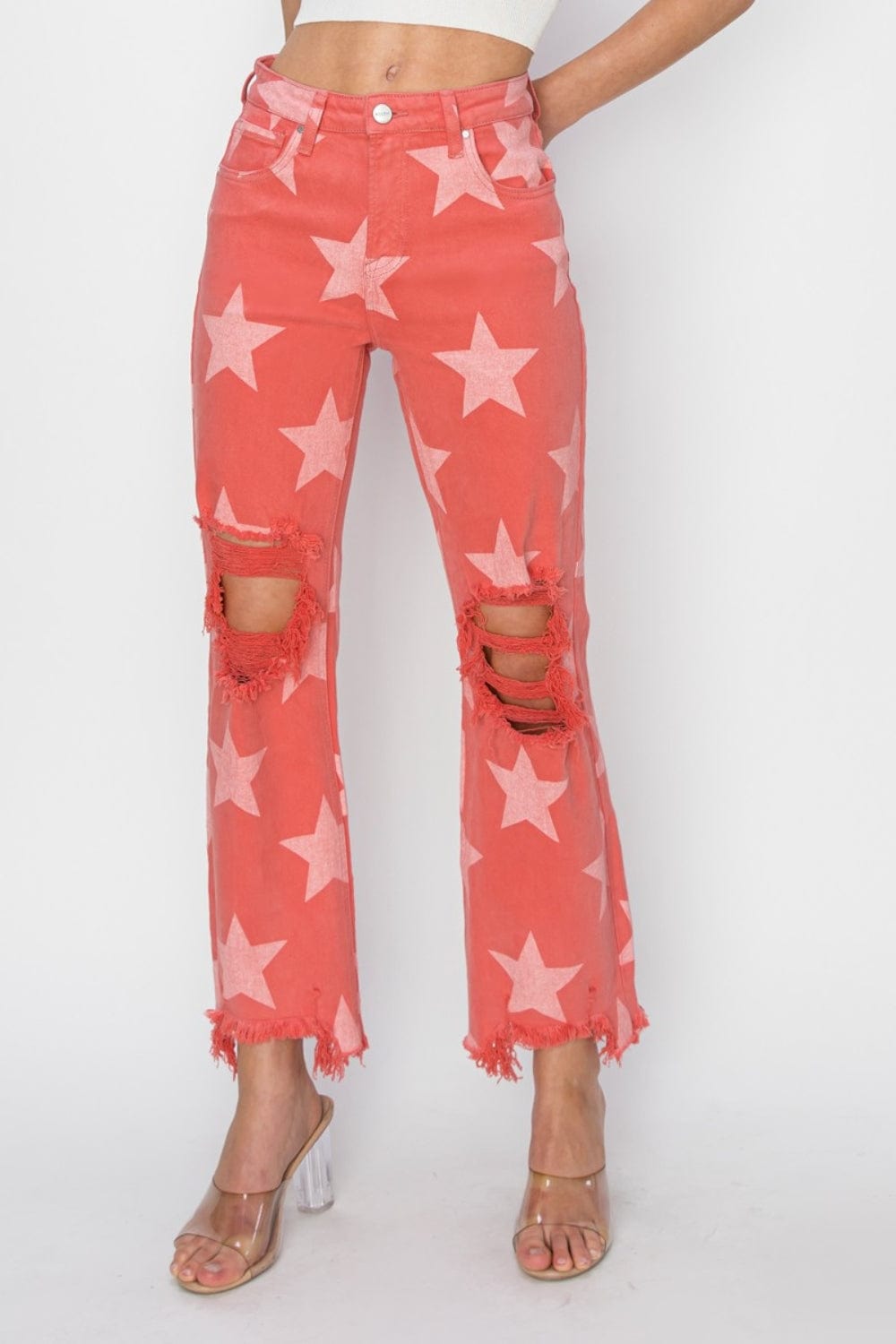 RISEN Full Size Distressed Raw Hem Star Pattern Jeans Bottoms Trendsi Peach Blossom / 0