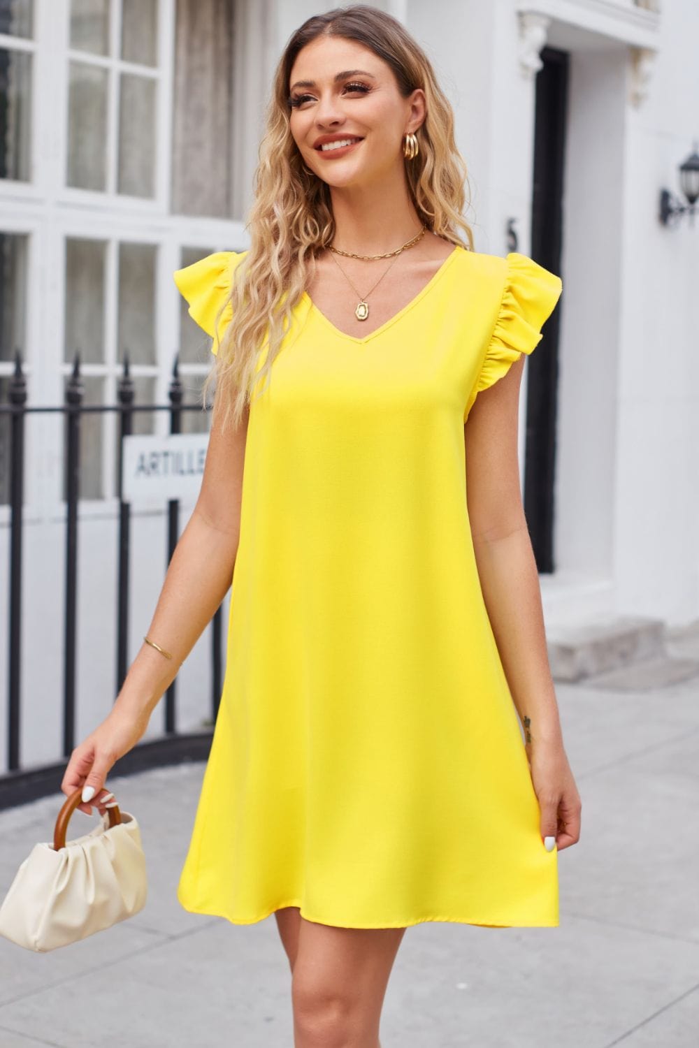 Ruffled V-Neck Flutter Sleeve Dress Trendsi Canary Yellow / S